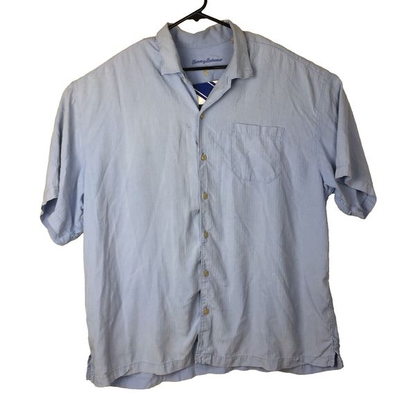 TOMMY BAHAMA Men's Solid Blue Short Sleeve 100% Silk One Pocket Shirt XXL 2XL - Picture 1 of 10